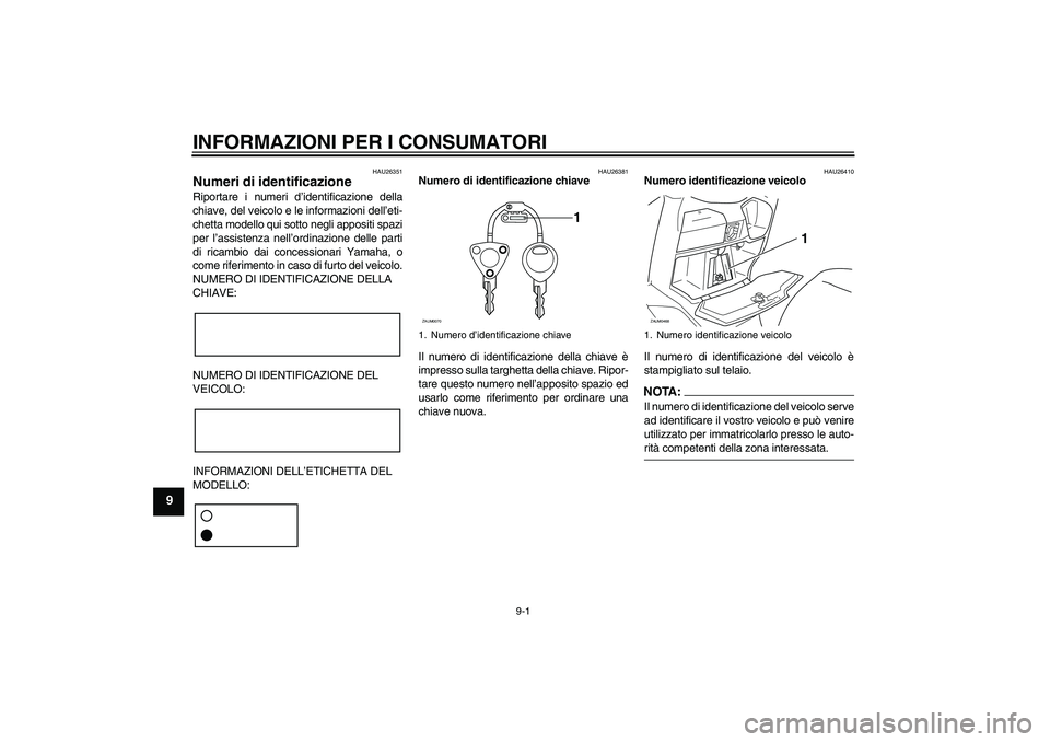 YAMAHA VERSITY 300 2005 Manuale duso (in Italian) INFORMAZIONI PER I CONSUMATORI
9-1
9
HAU26351
Numeri di identificazione Riportare i numeri d’identificazione della
chiave, del veicolo e le informazioni dell’eti-
chetta modello qui sotto negli ap YAMAHA VERSITY 300 2005 Manuale duso (in Italian) INFORMAZIONI PER I CONSUMATORI
9-1
9
HAU26351
Numeri di identificazione Riportare i numeri d’identificazione della
chiave, del veicolo e le informazioni dell’eti-
chetta modello qui sotto negli ap