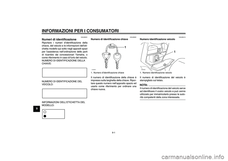 YAMAHA VERSITY 300 2006  Manuale duso (in Italian) INFORMAZIONI PER I CONSUMATORI
9-1
9
HAU26351
Numeri di identificazione Riportare i numeri d’identificazione della
chiave, del veicolo e le informazioni dell’eti-
chetta modello qui sotto negli ap