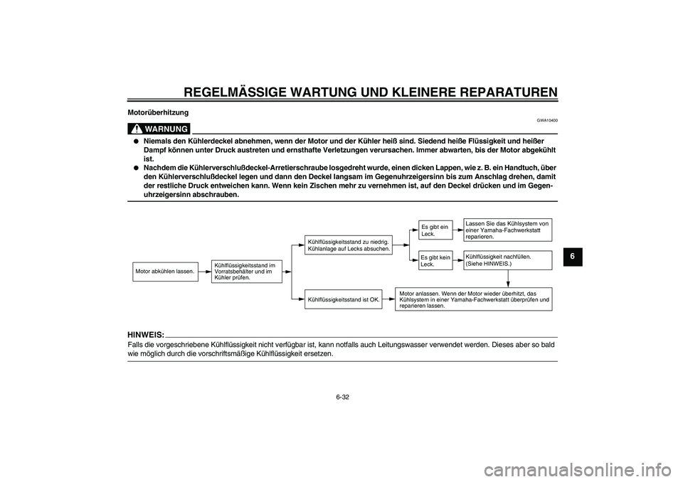 YAMAHA VERSITY 300 2005  Betriebsanleitungen (in German) REGELMÄSSIGE WARTUNG UND KLEINERE REPARATUREN
6-32
6
Motorüberhitzung
WARNUNG
GWA10400

Niemals den Kühlerdeckel abnehmen, wenn der Motor und der Kühler heiß sind. Siedend heiße Flüssigkeit un