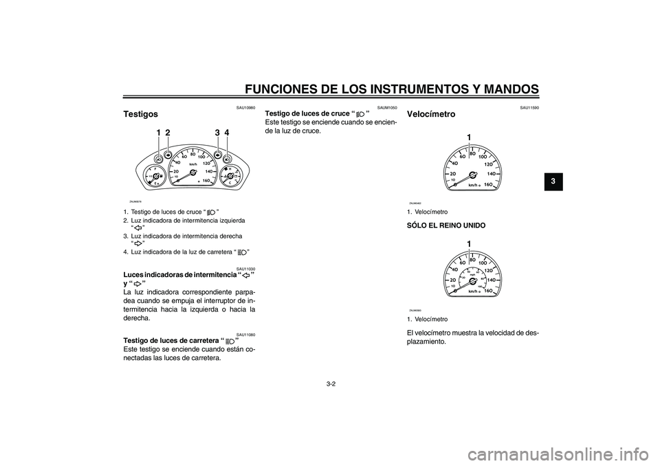 YAMAHA VERSITY 300 2005  Manuale de Empleo (in Spanish) FUNCIONES DE LOS INSTRUMENTOS Y MANDOS
3-2
3
SAU10980
Testigos 
SAU11030
Luces indicadoras de intermitencia “ ” 
y “ ” 
La luz indicadora correspondiente parpa-
dea cuando se empuja el interru