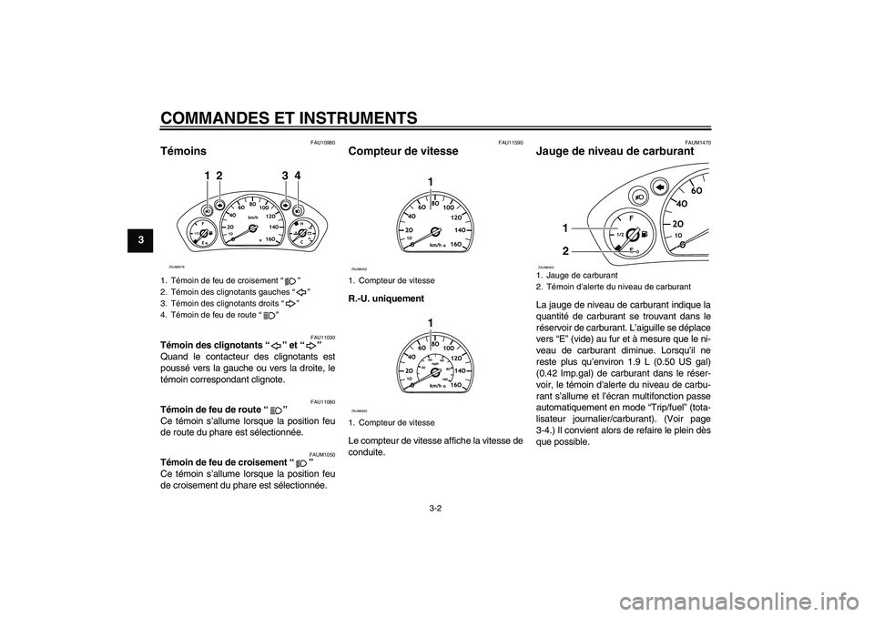 YAMAHA VERSITY 300 2005  Notices Demploi (in French) COMMANDES ET INSTRUMENTS
3-2
3
FAU10980
Témoins 
FAU11030
Témoin des clignotants “ ” et “ ” 
Quand le contacteur des clignotants est
poussé vers la gauche ou vers la droite, le
témoin corr