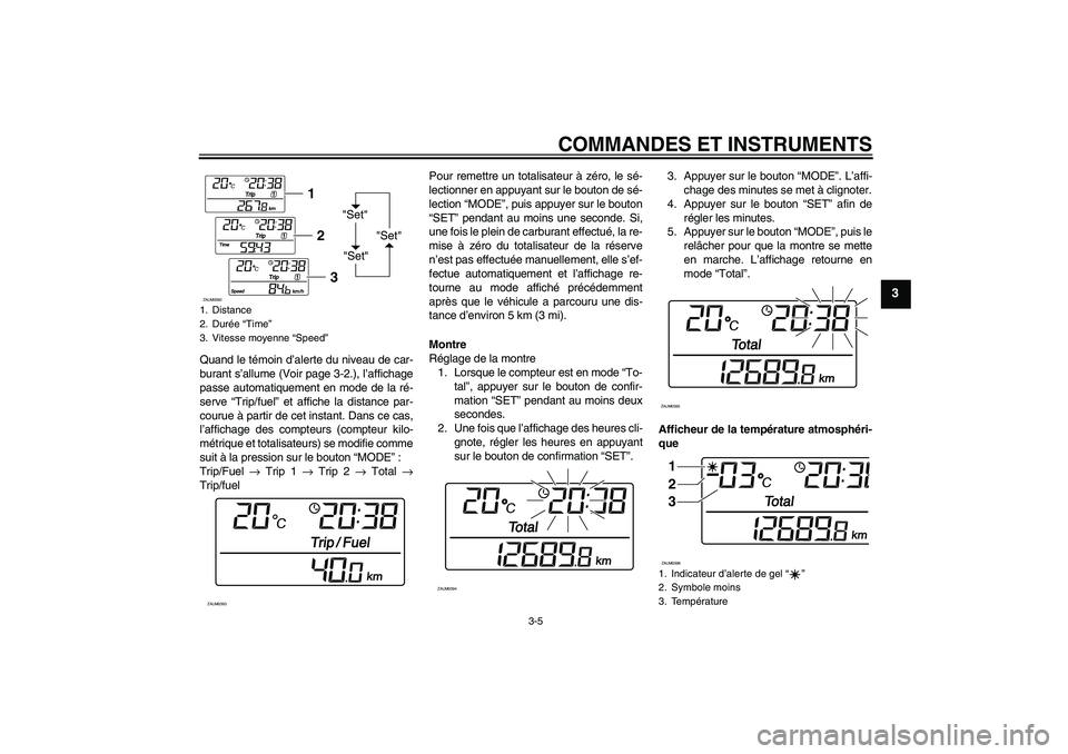 YAMAHA VERSITY 300 2005  Notices Demploi (in French) COMMANDES ET INSTRUMENTS
3-5
3
Quand le témoin d’alerte du niveau de car-
burant s’allume (Voir page 3-2.), l’affichage
passe automatiquement en mode de la ré-
serve “Trip/fuel” et affiche