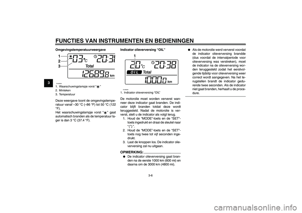 YAMAHA VERSITY 300 2005  Instructieboekje (in Dutch) FUNCTIES VAN INSTRUMENTEN EN BEDIENINGEN
3-6
3
Omgevingstemperatuurweergave
Deze weergave toont de omgevingstempe-
ratuur vanaf –30 °C (–86 °F) tot 50 °C (122
°F).
Het waarschuwingslampje vors