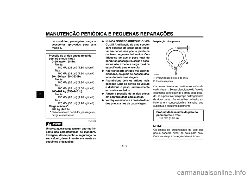 YAMAHA VERSITY 300 2005  Manual de utilização (in Portuguese) MANUTENÇÃO PERIÓDICA E PEQUENAS REPARAÇÕES
6-19
6
do condutor, passageiro, carga e
acessórios aprovados para estemodelo.AV I S O
PWA11200
Uma vez que a carga tem um enorme im-
pacto nas caracter