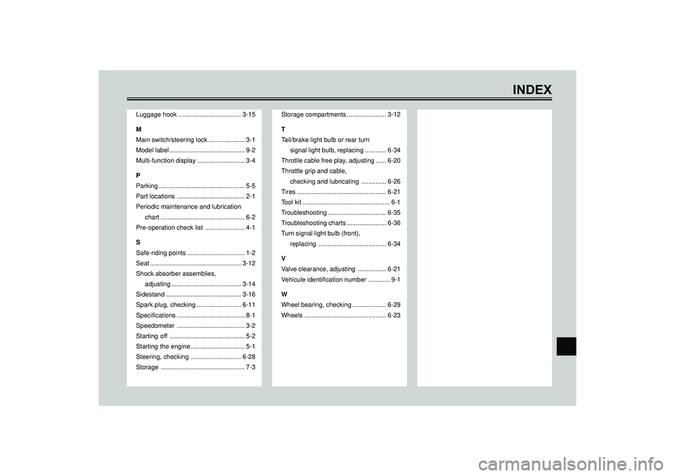 YAMAHA VERSITY 300 2004  Owners Manual INDEX
Storage compartments ...................... 3-12
T
Tail/brake light bulb or rear turn
signal light bulb, replacing ............ 6-34
Throtlle cable free play, adjusting ...... 6-20
Throttle grip