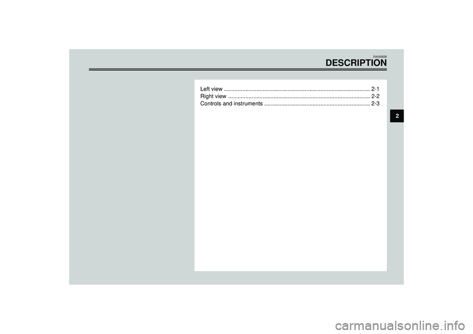 YAMAHA VERSITY 300 2004 User Guide EAU00026
DESCRIPTION
Left view .............................................................................................. 2-1
Right view ...........................................................