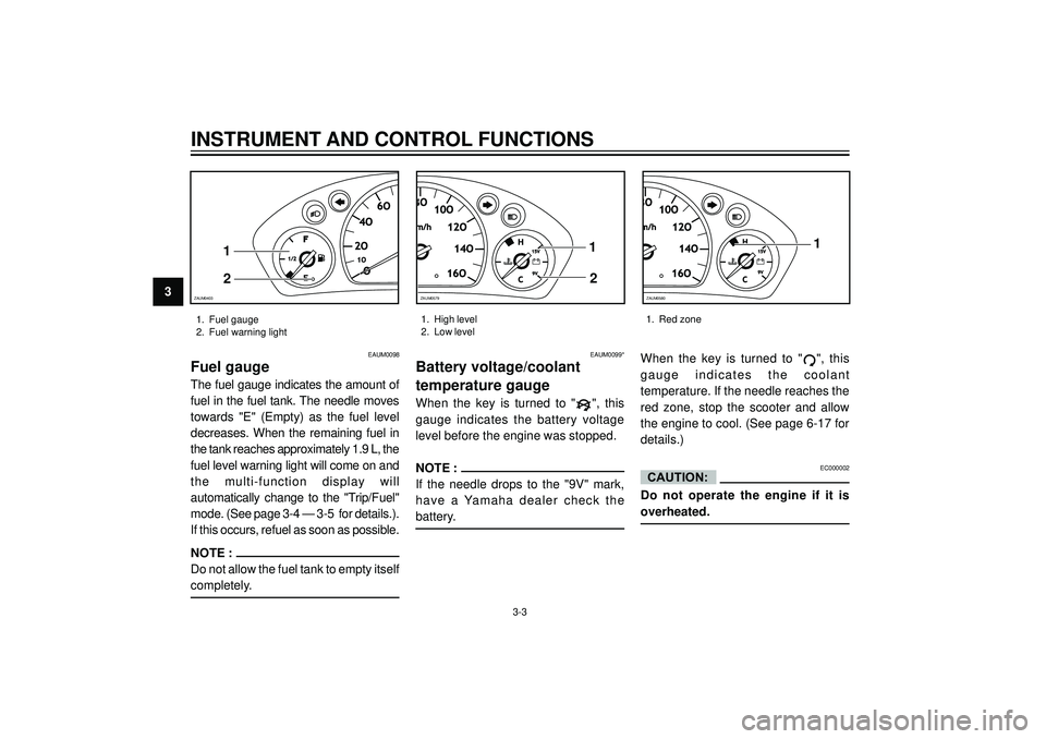 YAMAHA VERSITY 300 2004 User Guide 3
INSTRUMENT AND CONTROL FUNCTIONS
EAUM0098
Fuel gauge
The fuel gauge indicates the amount of
fuel in the fuel tank. The needle moves
towards "E" (Empty) as the fuel level
decreases. When the remainin YAMAHA VERSITY 300 2004 User Guide 3
INSTRUMENT AND CONTROL FUNCTIONS
EAUM0098
Fuel gauge
The fuel gauge indicates the amount of
fuel in the fuel tank. The needle moves
towards "E" (Empty) as the fuel level
decreases. When the remainin