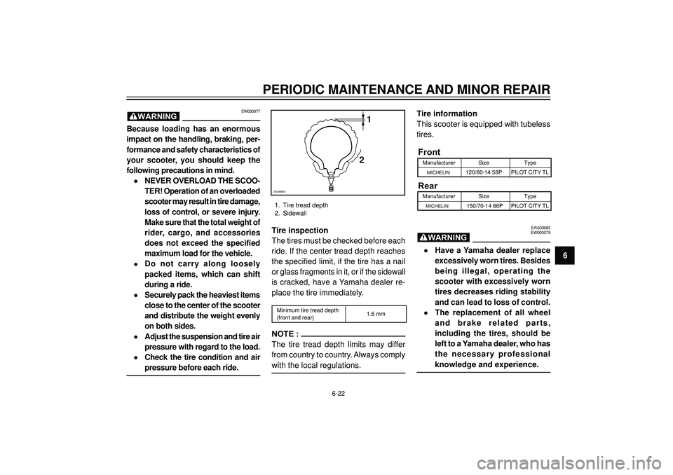 YAMAHA VERSITY 300 2004 Repair Manual PERIODIC MAINTENANCE AND MINOR REPAIR
6 Tire inspection
The tires must be checked before each
ride. If the center tread depth reaches
the specified limit, if the tire has a nail
or glass fragments in YAMAHA VERSITY 300 2004 Repair Manual PERIODIC MAINTENANCE AND MINOR REPAIR
6 Tire inspection
The tires must be checked before each
ride. If the center tread depth reaches
the specified limit, if the tire has a nail
or glass fragments in
