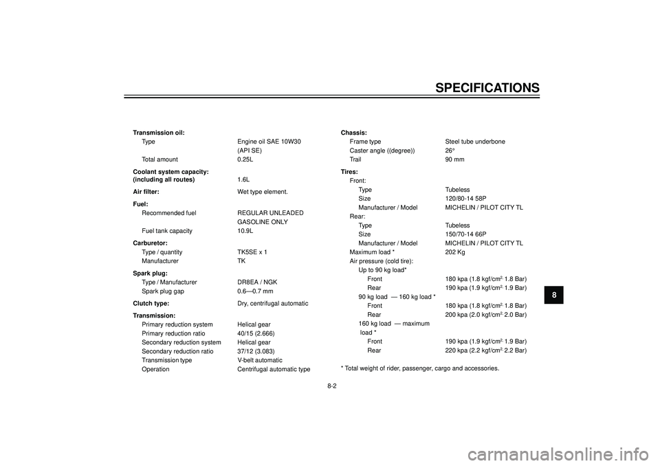 YAMAHA VERSITY 300 2004  Owners Manual SPECIFICATIONS
8
Transmission oil:
Type Engine oil SAE 10W30
(API SE)
Total amount 0.25L
Coolant system capacity:
(including all routes)1.6L
Air filter:Wet type element.
Fuel:
Recommended fuel REGULAR