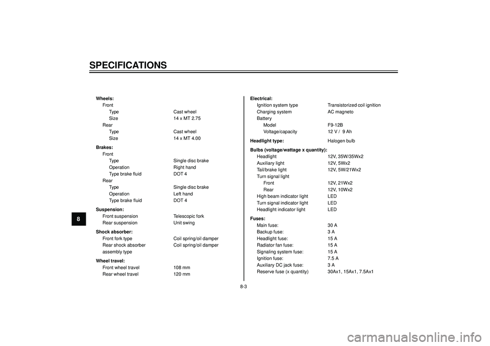 YAMAHA VERSITY 300 2004  Owners Manual SPECIFICATIONS
8
Wheels:
Front
Type Cast wheel
Size 14 x MT 2.75
Rear
Type Cast wheel
Size 14 x MT 4.00
Brakes:
Front
Type Single disc brake
Operation Right hand
Type brake fluid DOT 4
Rear
Type Singl