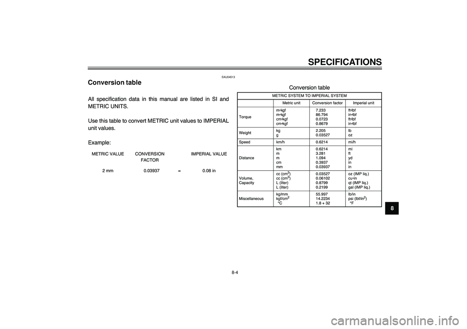 YAMAHA VERSITY 300 2004 Owners Manual SPECIFICATIONS
8
EAU04513
Conversion table
8-4 YAMAHA VERSITY 300 2004 Owners Manual SPECIFICATIONS
8
EAU04513
Conversion table
8-4