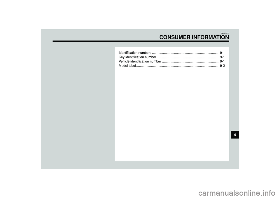 YAMAHA VERSITY 300 2004  Owners Manual 9
EAU01039
CONSUMER INFORMATION
Identification numbers ......................................................................... 9-1
Key identification number .........................................