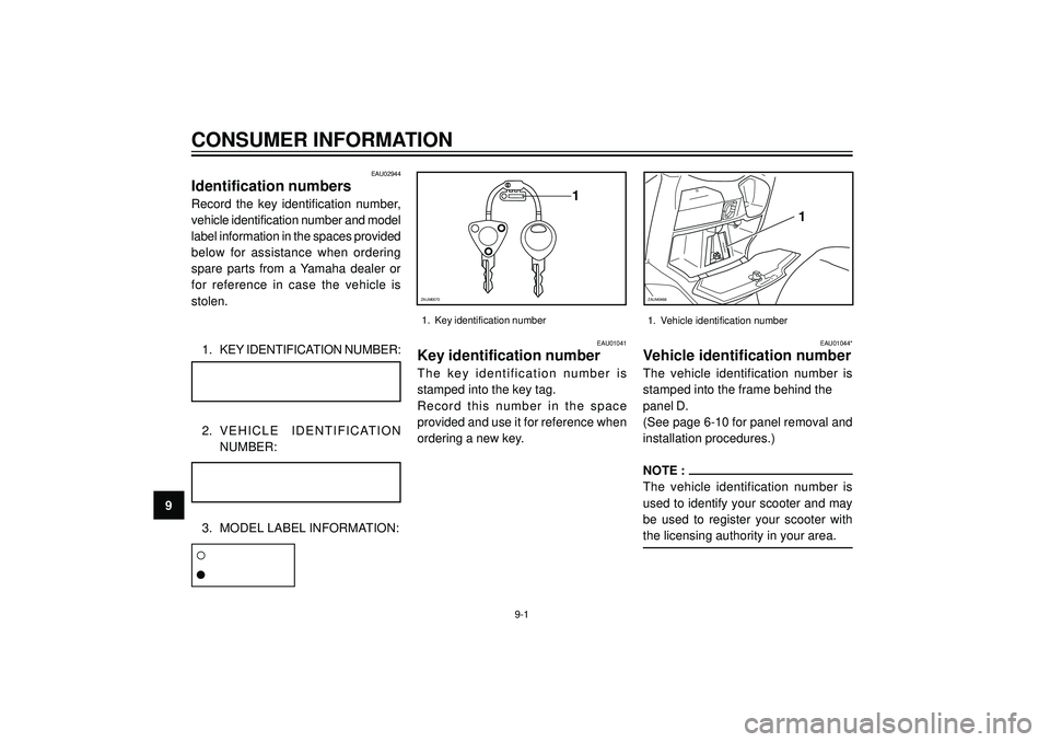 YAMAHA VERSITY 300 2004 Owners Manual CONSUMER INFORMATION
9
EAU02944
Identification numbers
Record the key identification number,
vehicle identification number and model
label information in the spaces provided
below for assistance when YAMAHA VERSITY 300 2004 Owners Manual CONSUMER INFORMATION
9
EAU02944
Identification numbers
Record the key identification number,
vehicle identification number and model
label information in the spaces provided
below for assistance when