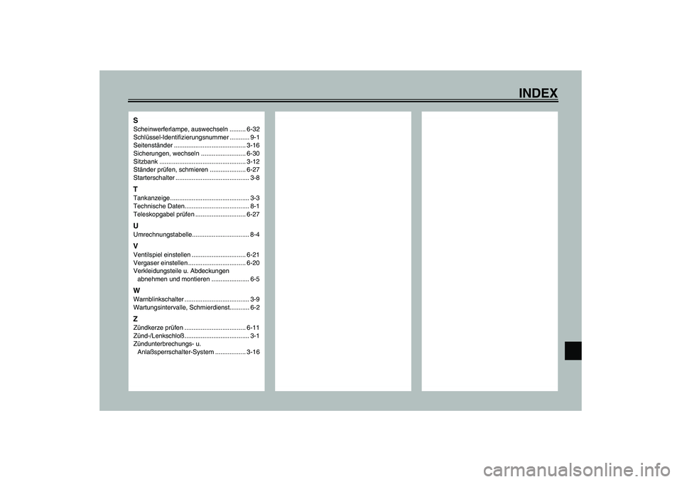 YAMAHA VERSITY 300 2004  Betriebsanleitungen (in German) INDEX
SScheinwerferlampe, auswechseln ......... 6-32
Schlüssel-Identifizierungsnummer ........... 9-1
Seitenständer ........................................ 3-16
Sicherungen, wechseln ..............