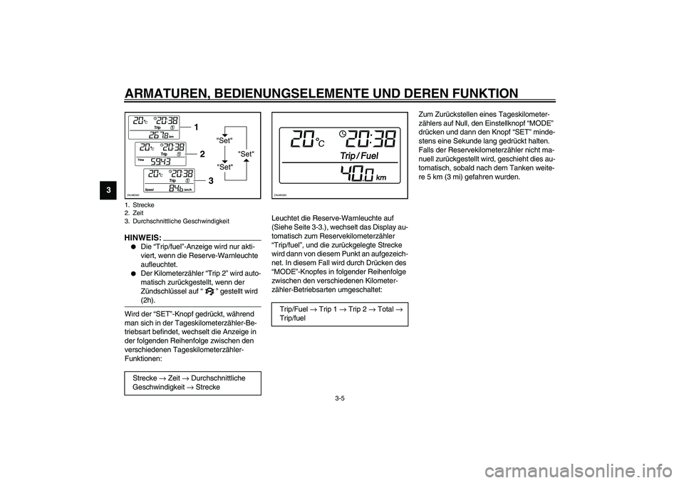 YAMAHA VERSITY 300 2004  Betriebsanleitungen (in German) ARMATUREN, BEDIENUNGSELEMENTE UND DEREN FUNKTION
3-5
3
HINWEIS:_ 
Die “Trip/fuel”-Anzeige wird nur akti-
viert, wenn die Reserve-Warnleuchte 
aufleuchtet.

Der Kilometerzähler “Trip 2” wird