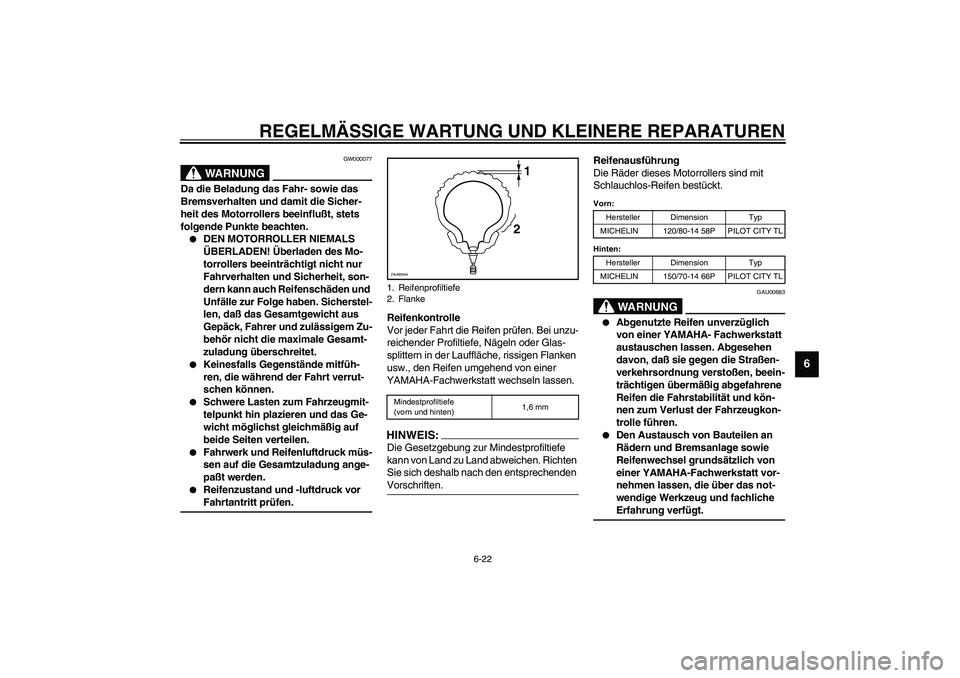 YAMAHA VERSITY 300 2004  Betriebsanleitungen (in German) REGELMÄSSIGE WARTUNG UND KLEINERE REPARATUREN
6-22
6
GW000077
WARNUNG
_ Da die Beladung das Fahr- sowie das 
Bremsverhalten und damit die Sicher-
heit des Motorrollers beeinflußt, stets 
folgende Pu