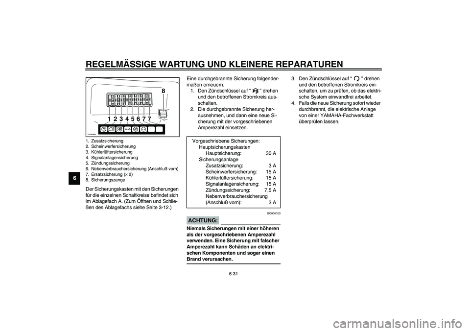 YAMAHA VERSITY 300 2004  Betriebsanleitungen (in German) REGELMÄSSIGE WARTUNG UND KLEINERE REPARATUREN
6-31
6
Der Sicherungskasten mit den Sicherungen 
für die einzelnen Schaltkreise befindet sich 
im Ablagefach A. (Zum Öffnen und Schlie-
ßen des Ablage