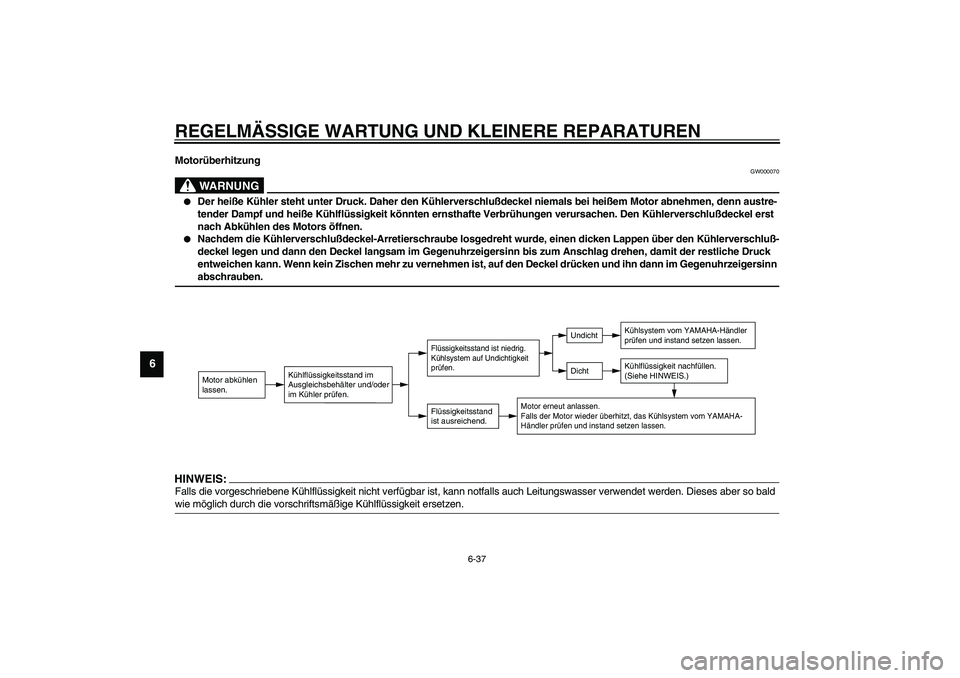 YAMAHA VERSITY 300 2004  Betriebsanleitungen (in German) REGELMÄSSIGE WARTUNG UND KLEINERE REPARATUREN
6-37
6
Motorüberhitzung
GW000070
WARNUNG
_ 
Der heiße Kühler steht unter Druck. Daher den Kühlerverschlußdeckel niemals bei heißem Motor abnehmen,