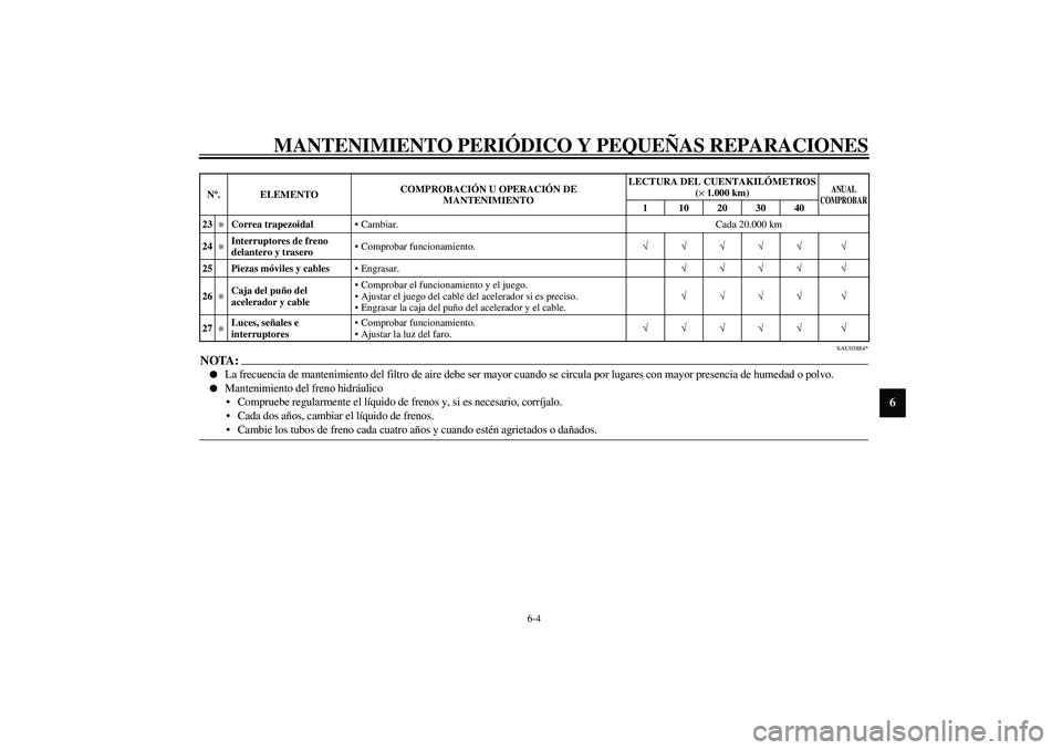 YAMAHA VERSITY 300 2004  Manuale de Empleo (in Spanish) MANTENIMIENTO PERIÓDICO Y PEQUEÑAS REPARACIONES
6-4
6
SAU03884*
NOTA:_ 
La frecuencia de mantenimiento del filtro de aire debe ser mayor cuando se circula por lugares con mayor presencia de humedad