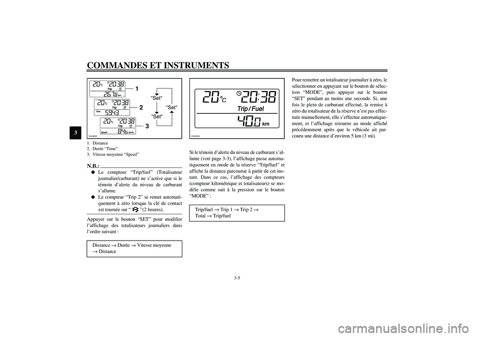 YAMAHA VERSITY 300 2004  Notices Demploi (in French) COMMANDES ET INSTRUMENTS
3-5
3
N.B.:_ 
Le compteur “Trip/fuel ” (Totalisateur
journalier/carburant) ne s ’active que si le
t é moin d ’alerte du niveau de carburant
s ’allume.

Le compteu