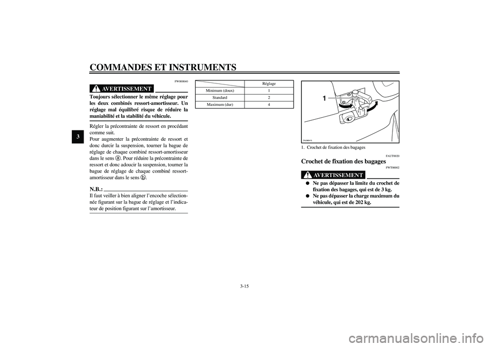 YAMAHA VERSITY 300 2004  Notices Demploi (in French) COMMANDES ET INSTRUMENTS
3-15
3
FW000040
AVERTISSEMENT
_ Toujours sélectionner le même réglage pour
les deux combinés ressort-amortisseur. Un
réglage mal équilibré risque de réduire la
maniabi