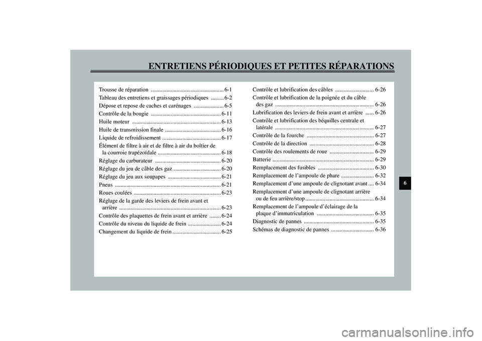YAMAHA VERSITY 300 2004  Notices Demploi (in French) ENTRETIENS PÉRIODIQUES ET PETITES RÉPARATIONS
6
Trousse de réparation ................................................... 6-1
Tableau des entretiens et graissages périodiques ......... 6-2
Dépose
