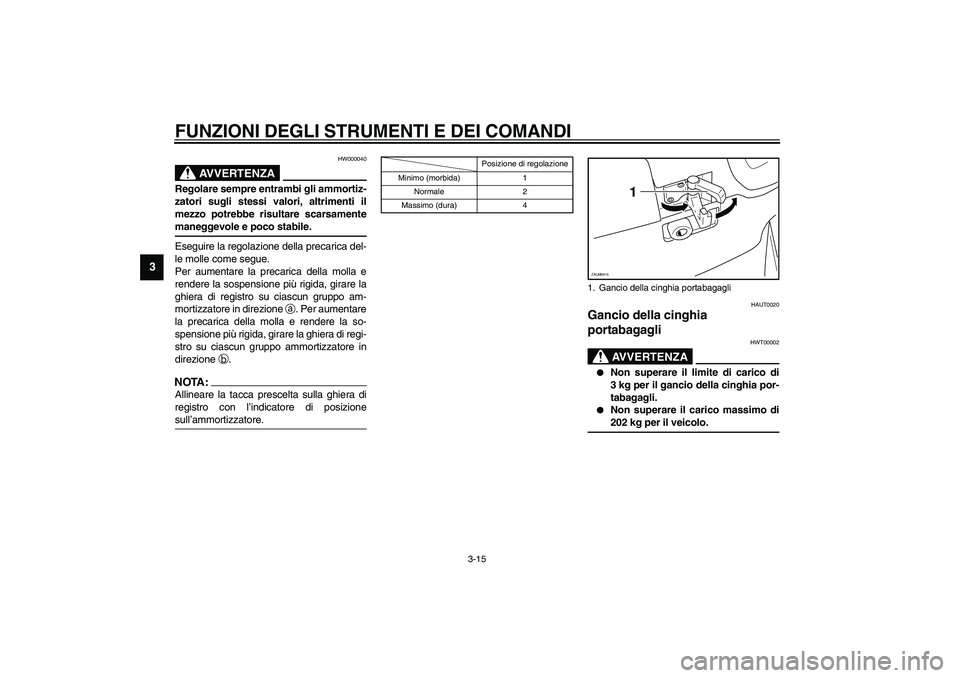 YAMAHA VERSITY 300 2004  Manuale duso (in Italian) FUNZIONI DEGLI STRUMENTI E DEI COMANDI
3-15
3
HW000040
AVVERTENZA
_ Regolare sempre entrambi gli ammortiz-
zatori sugli stessi valori, altrimenti il
mezzo potrebbe risultare scarsamente
maneggevole e 