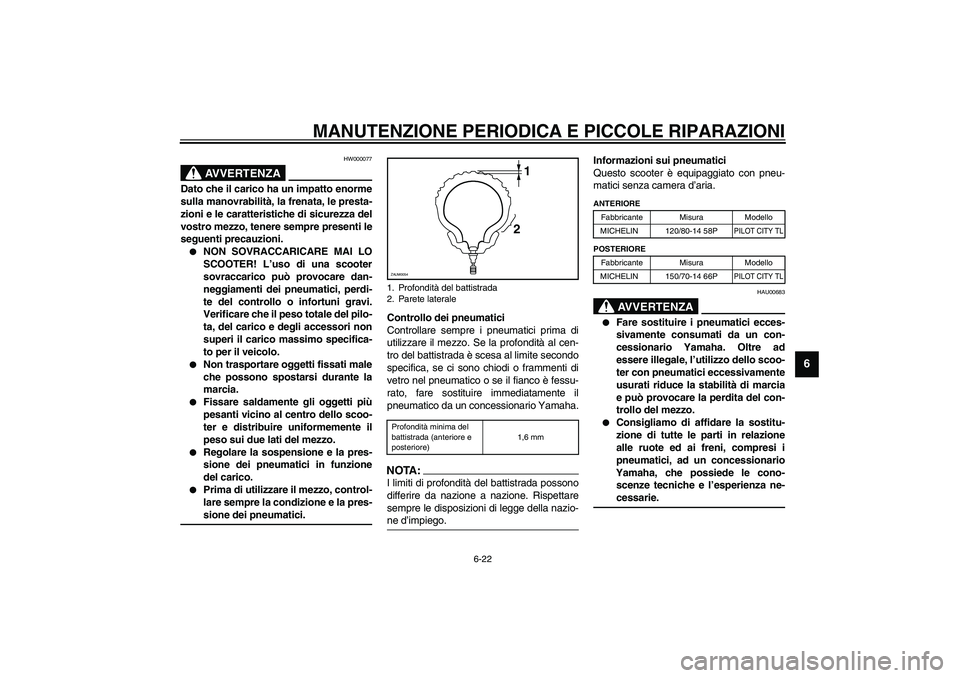 YAMAHA VERSITY 300 2004  Manuale duso (in Italian) MANUTENZIONE PERIODICA E PICCOLE RIPARAZIONI
6-22
6
HW000077
AVVERTENZA
_ Dato che il carico ha un impatto enorme
sulla manovrabilità, la frenata, le presta-
zioni e le caratteristiche di sicurezza d