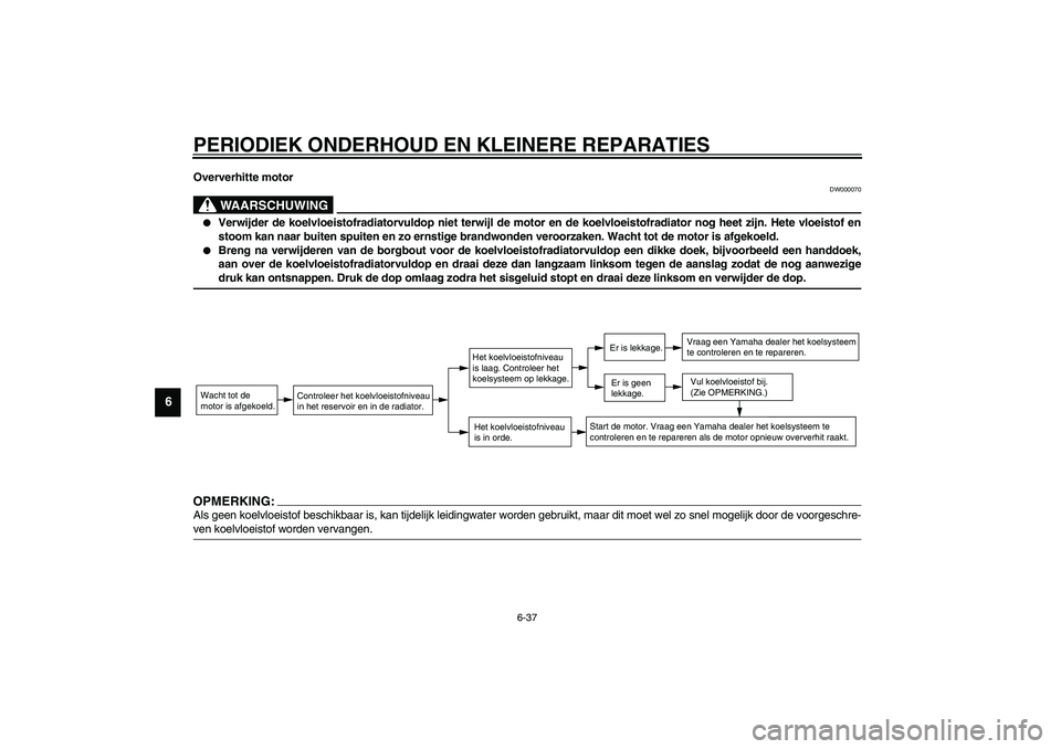 YAMAHA VERSITY 300 2004  Instructieboekje (in Dutch) PERIODIEK ONDERHOUD EN KLEINERE REPARATIES
6-37
6
Oververhitte motor
DW000070
WAARSCHUWING
_ 
Verwijder de koelvloeistofradiatorvuldop niet terwijl de motor en de koelvloeistofradiator nog heet zijn.