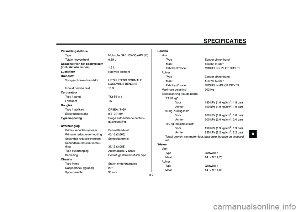 YAMAHA VERSITY 300 2004 Instructieboekje (in Dutch) SPECIFICATIES
8-2
8
Versnellingsbakolie
Type Motorolie SAE 10W30 (API SE)
Totale hoeveelheid 0,25 L
Capaciteit van het koelsysteem
(inclusief alle routes)
1,6 L
LuchtfilterNat type element
Brandstof
YAMAHA VERSITY 300 2004 Instructieboekje (in Dutch) SPECIFICATIES
8-2
8
Versnellingsbakolie
Type Motorolie SAE 10W30 (API SE)
Totale hoeveelheid 0,25 L
Capaciteit van het koelsysteem
(inclusief alle routes)
1,6 L
LuchtfilterNat type element
Brandstof