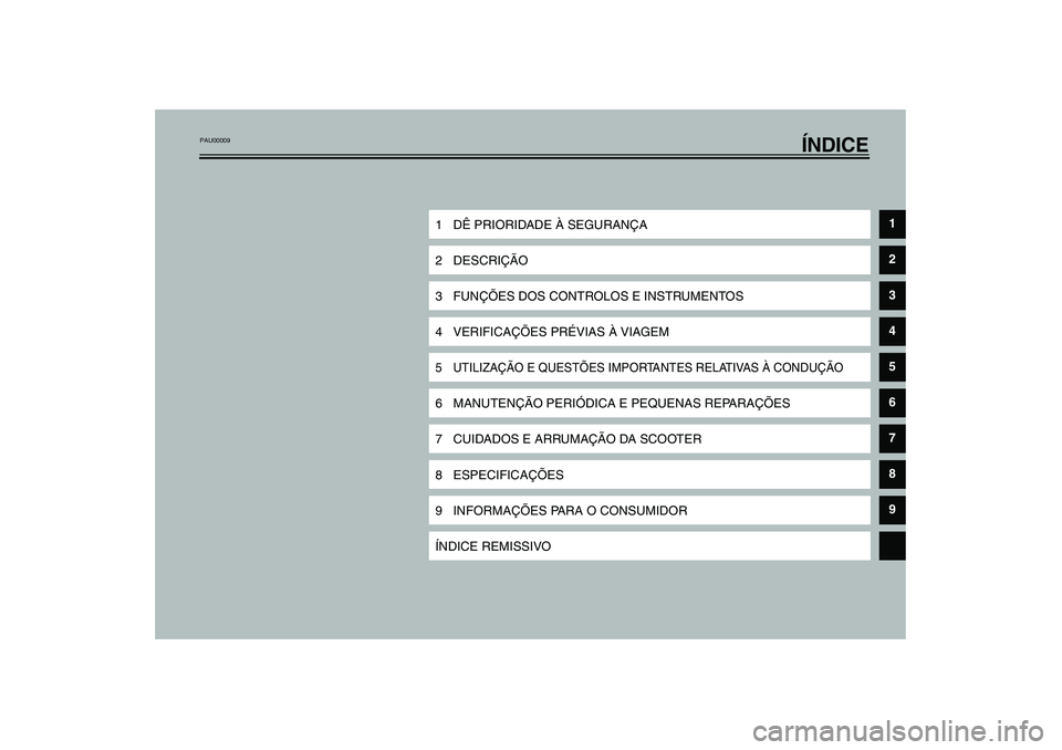 YAMAHA VERSITY 300 2004  Manual de utilização (in Portuguese) ÍNDICE
1DÊ PRIORIDADE À SEGURANÇA
1
2 DESCRIÇÃO
2
3FUNÇÕES DOS CONTROLOS E INSTRUMENTOS
3
4 VERIFICAÇÕES PRÉVIAS À VIAGEM
4
5UTILIZAÇÃO E QUESTÕES IMPORTANTES RELATIVAS À CONDUÇÃO
5
