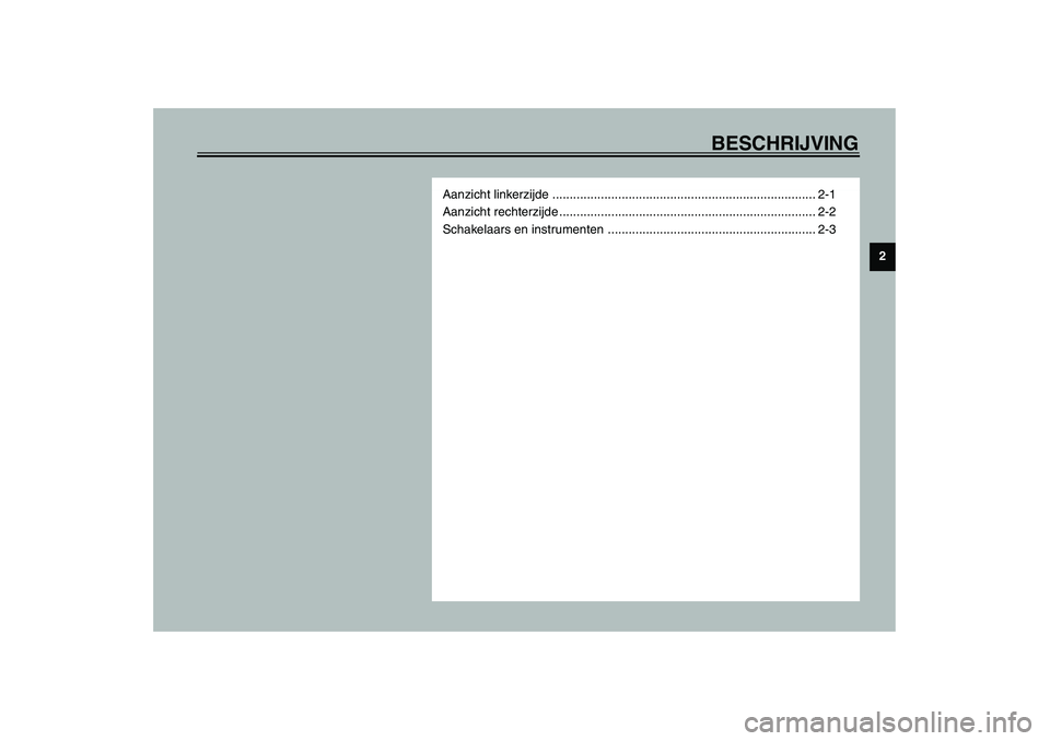 YAMAHA VERSITY 300 2003  Instructieboekje (in Dutch) BESCHRIJVING
2
Aanzicht linkerzijde ............................................................................ 2-1
Aanzicht rechterzijde .............................................................