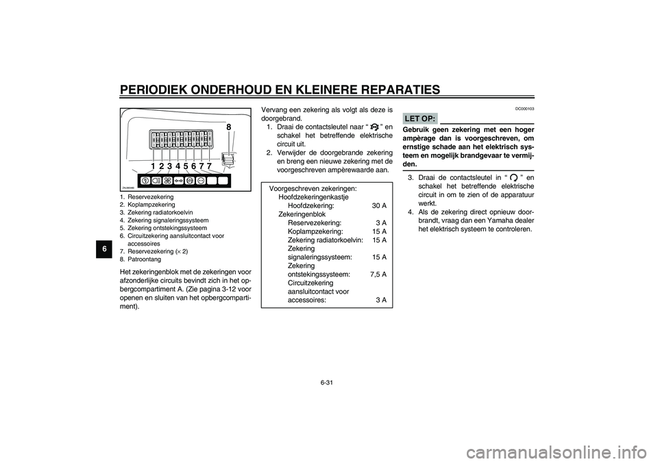 YAMAHA VERSITY 300 2003  Instructieboekje (in Dutch) PERIODIEK ONDERHOUD EN KLEINERE REPARATIES
6-31
6
Het zekeringenblok met de zekeringen voor
afzonderlijke circuits bevindt zich in het op-
bergcompartiment A. (Zie pagina 3-12 voor
openen en sluiten v