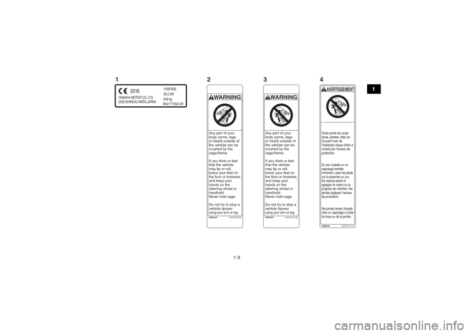 YAMAHA VIKING 2017 User Guide 1-3
1
YAMAHA MOTOR CO.,LTD.
2500 SHINGAI,IWATA,JAPAN
2016
YXM700E
35.0 kW
649 kgB42-F155A-20
YA M A H A1XD-K7761-00WARNINGAny part of your
body (arms, legs,
or head) outside of
the vehicle can be YAMAHA VIKING 2017 User Guide 1-3
1
YAMAHA MOTOR CO.,LTD.
2500 SHINGAI,IWATA,JAPAN
2016
YXM700E
35.0 kW
649 kgB42-F155A-20
YA M A H A1XD-K7761-00WARNINGAny part of your
body (arms, legs,
or head) outside of
the vehicle can be