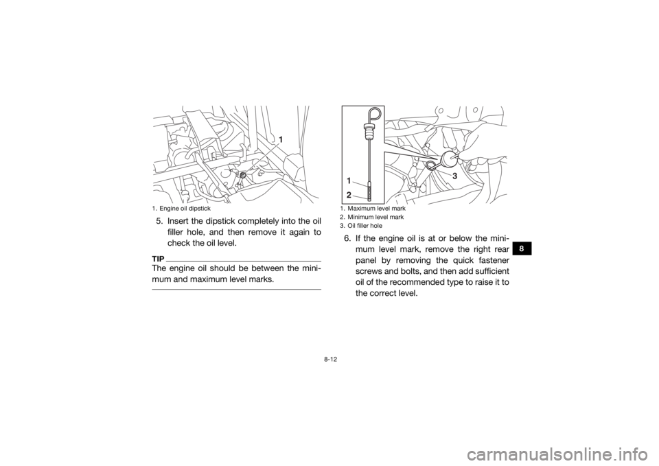 YAMAHA VIKING 2017 Owners Manual 8-12
8
5. Insert the dipstick completely into the oilfiller hole, and then remove it again to
check the oil level.TIPThe engine oil should be between the mini-
mum and maximum level marks.
6. If the YAMAHA VIKING 2017 Owners Manual 8-12
8
5. Insert the dipstick completely into the oilfiller hole, and then remove it again to
check the oil level.TIPThe engine oil should be between the mini-
mum and maximum level marks.
6. If the