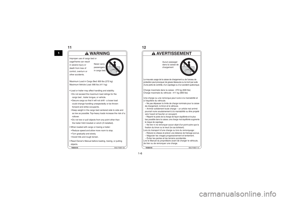 YAMAHA VIKING 2017 User Guide 1-6
1
YAMAHAB42-F4897-00
WARNING
Load or trailer may affect handling and stability.
Do not exceed the maximum load ratings for thecargo bed , trailer tongue, or vehicle.
When loaded with cargo or t YAMAHA VIKING 2017 User Guide 1-6
1
YAMAHAB42-F4897-00
WARNING
Load or trailer may affect handling and stability.
Do not exceed the maximum load ratings for thecargo bed , trailer tongue, or vehicle.
When loaded with cargo or t