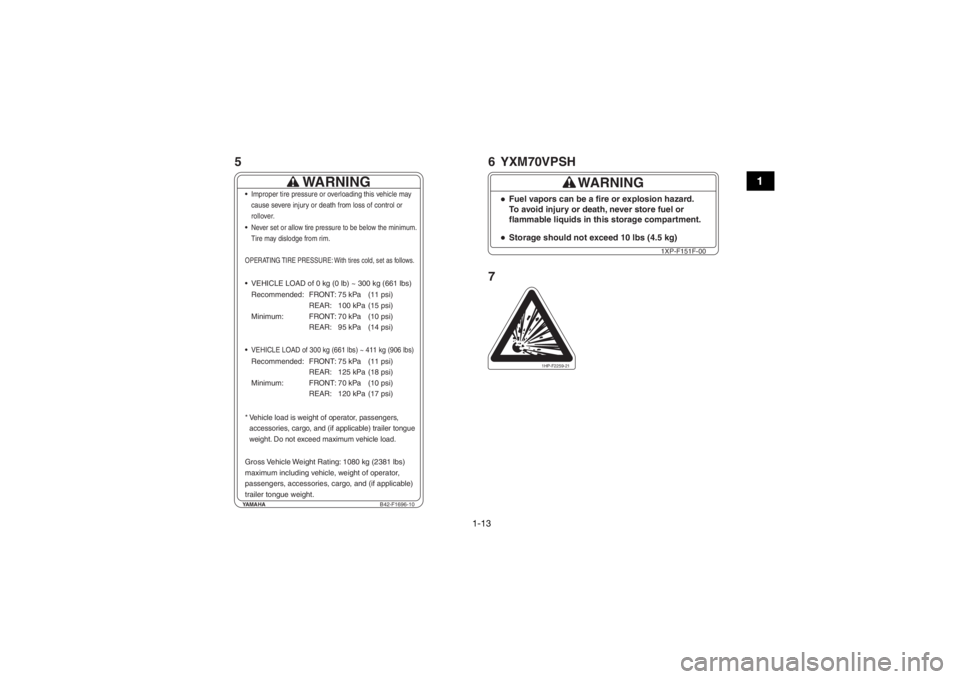 YAMAHA VIKING 2017  Owners Manual 1-13
1
YAMAHAB42-F1696-10
WARNING
Improper tire pressure or overloading this vehicle may 
cause severe injury or death from loss of control or
rollover.Never set or allow tire pressure to be below the