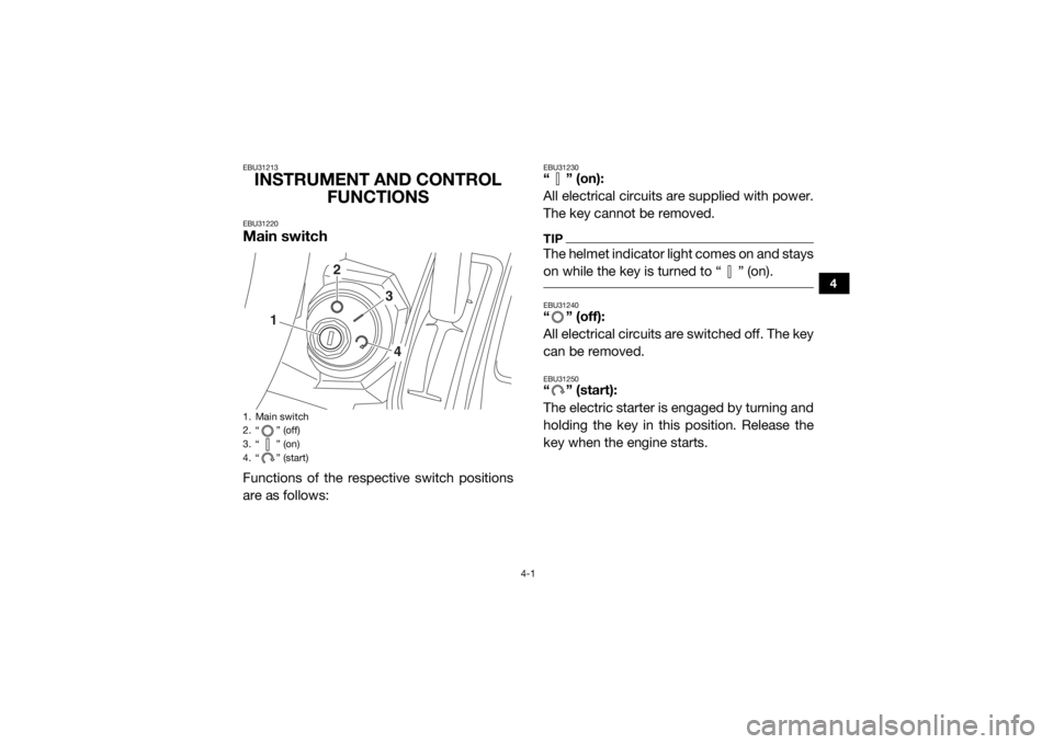 YAMAHA VIKING 2017 Owners Guide 4-1
4
EBU31213INSTRUMENT AND CONTROL FUNCTIONSEBU31220Main switchFunctions of the respective switch positions
are as follows:
EBU31230“” (on):
All electrical circuits are supplied with power.
The 