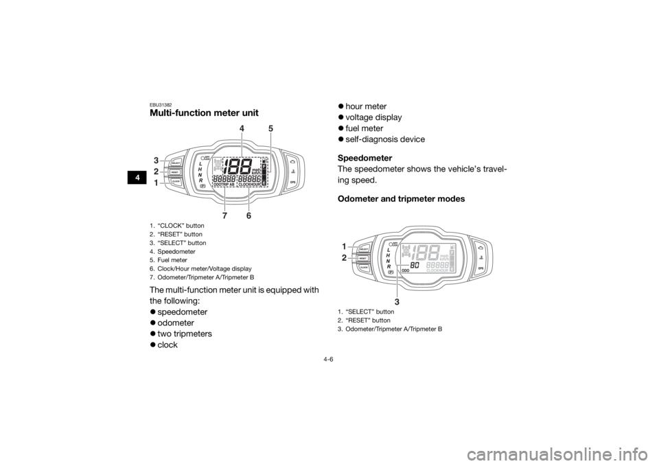 YAMAHA VIKING 2017  Owners Manual 4-6
4
EBU31382Multi-function meter unitThe multi-function meter unit is equipped with
the following:
speedometer
 odometer
 two tripmeters
 clock 
hour meter
 voltage display
 fue