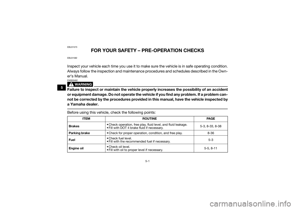 YAMAHA VIKING 2017 Workshop Manual 5-1
5
EBU31573
FOR YOUR SAFETY – PRE-OPERATION CHECKS
EBU31582Inspect your vehicle each time you use it to make sure the vehicle is in safe operating condition.
Always follow the inspection and main YAMAHA VIKING 2017 Workshop Manual 5-1
5
EBU31573
FOR YOUR SAFETY – PRE-OPERATION CHECKS
EBU31582Inspect your vehicle each time you use it to make sure the vehicle is in safe operating condition.
Always follow the inspection and main