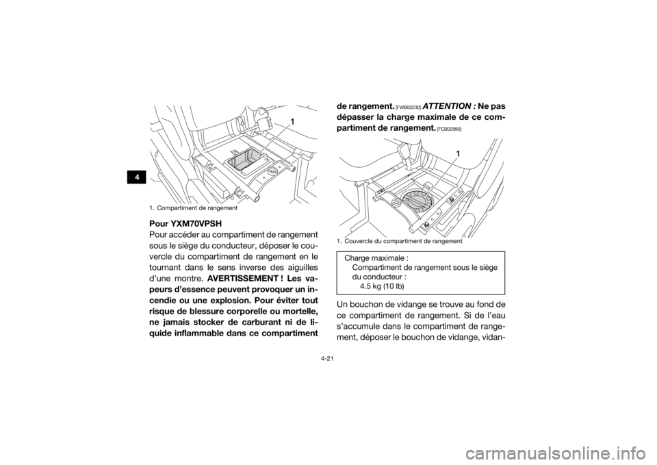 YAMAHA VIKING 2017 Notices Demploi (in French) 4-21
4
Pour YXM70VPSH
Pour accéder au compartiment de rangement
sous le siège du conducteur, déposer le cou-
vercle du compartiment de rangement en le
tournant dans le sens inverse des aiguilles
d YAMAHA VIKING 2017 Notices Demploi (in French) 4-21
4
Pour YXM70VPSH
Pour accéder au compartiment de rangement
sous le siège du conducteur, déposer le cou-
vercle du compartiment de rangement en le
tournant dans le sens inverse des aiguilles
d