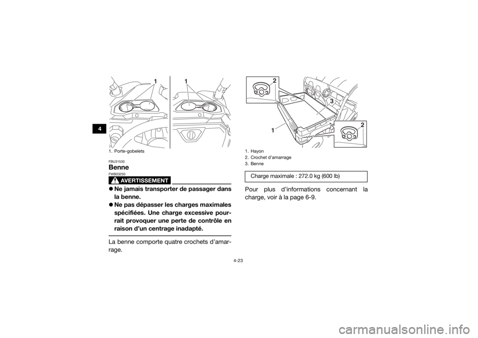 YAMAHA VIKING 2017 Notices Demploi (in French) 4-23
4
FBU31530Benne
AVERTISSEMENT
FWB03250Ne jamais transporter de passager dans
la benne.
Ne pas dépasser les charges maximales
spécifiées. Une charge excessive pour-
rait provoquer une pe YAMAHA VIKING 2017 Notices Demploi (in French) 4-23
4
FBU31530Benne
AVERTISSEMENT
FWB03250Ne jamais transporter de passager dans
la benne.
Ne pas dépasser les charges maximales
spécifiées. Une charge excessive pour-
rait provoquer une pe