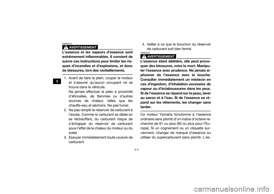 YAMAHA VIKING 2017  Notices Demploi (in French) 5-4
5
AVERTISSEMENT
FWB02522L’essence et les vapeurs d’essence sont
extrêmement inflammables. Il convient de
suivre ces instructions pour limiter les ris-
ques d’incendies et d’explosions, et