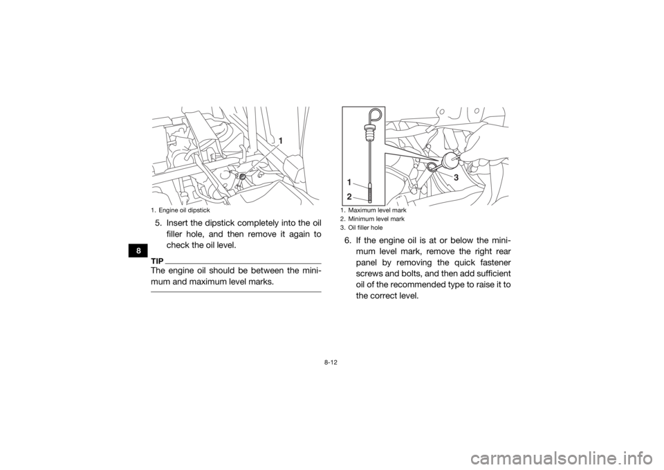 YAMAHA VIKING 2016  Owners Manual 8-12
8
5. Insert the dipstick completely into the oilfiller hole, and then remove it again to
check the oil level.TIPThe engine oil should be between the mini-
mum and maximum level marks. 
6. If the 