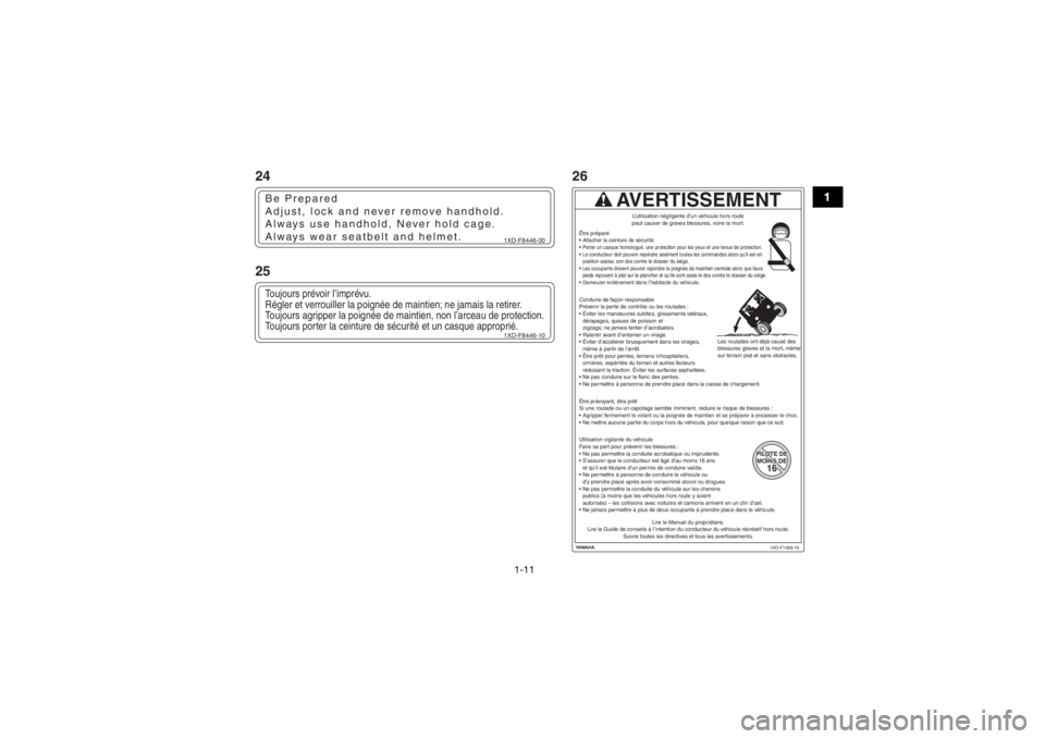 YAMAHA VIKING 2016  Notices Demploi (in French) 1-11
1
1XD-F8446-00
Be Prepared
Adjust, lock and never remove handhold.
Always use handhold, Never hold cage.
Always wear seatbelt and helmet.
1XD-F8446-10
Toujours prévoir l’imprévu. 
Régler et 