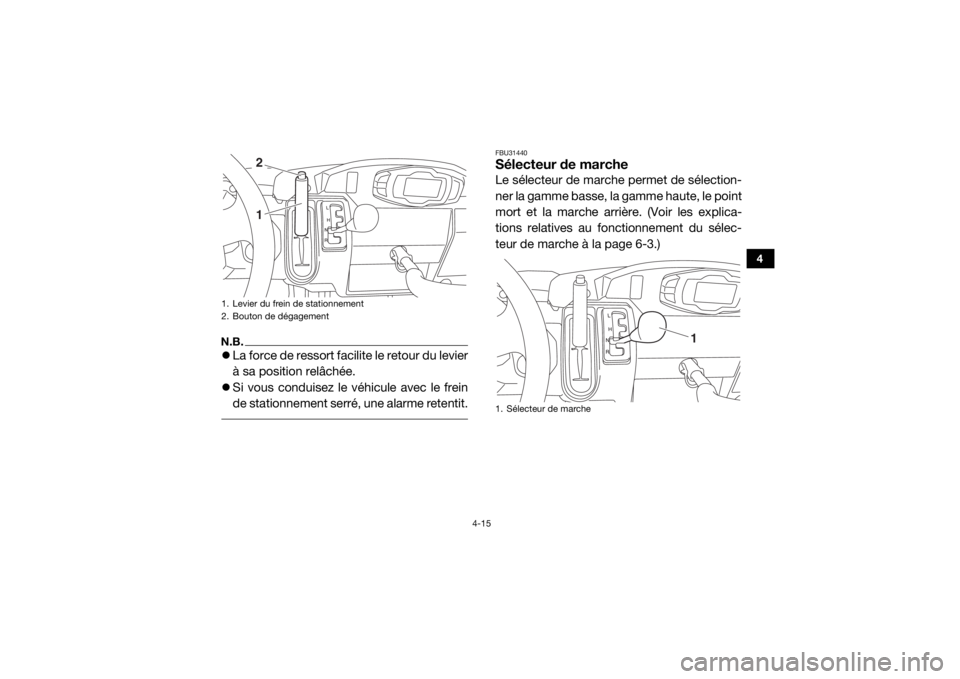 YAMAHA VIKING 2016  Notices Demploi (in French) 4-15
4
N.B.La force de ressort facilite le retour du levier
à sa position relâchée.
 Si vous conduisez le véhicule avec le frein
de stationnement serré, une alarme retentit. 
FBU31440Sélec