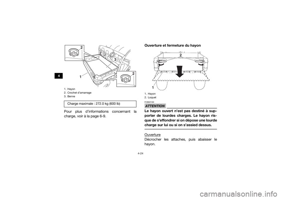 YAMAHA VIKING 2016 Notices Demploi (in French) 4-24
4
Pour plus d’informations concernant la
charge, voir à la page 6-9.Ouverture et fermeture du hayon
ATTENTIONFCB02100Le hayon ouvert n’est pas destiné à sup-
porter de lourdes charges. Le YAMAHA VIKING 2016 Notices Demploi (in French) 4-24
4
Pour plus d’informations concernant la
charge, voir à la page 6-9.Ouverture et fermeture du hayon
ATTENTIONFCB02100Le hayon ouvert n’est pas destiné à sup-
porter de lourdes charges. Le