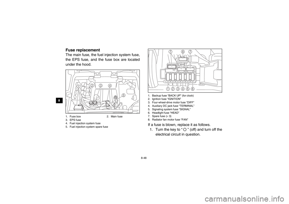 YAMAHA VIKING 2015  Owners Manual 8-48
8
9
10
11
12
13
14
5B410023Fuse replacementThe main fuse, the fuel injection system fuse,
the EPS fuse, and the fuse box are located
under the hood.1. Fuse box 2. Main fuse
3. EPS fuse
4. Fuel in