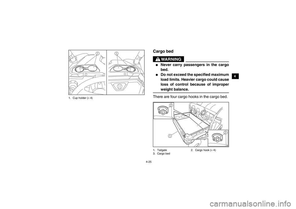 YAMAHA VIKING 2015 Workshop Manual 4-25
1
2
34
5
6
7
8
9
10
11
12
13
14
1. Cup holder (× 4)
EVU00351Cargo bed
WARNING
●
Never carry passengers in the cargo
bed.
●
Do not exceed the specified maximum
load limits. Heavier cargo coul