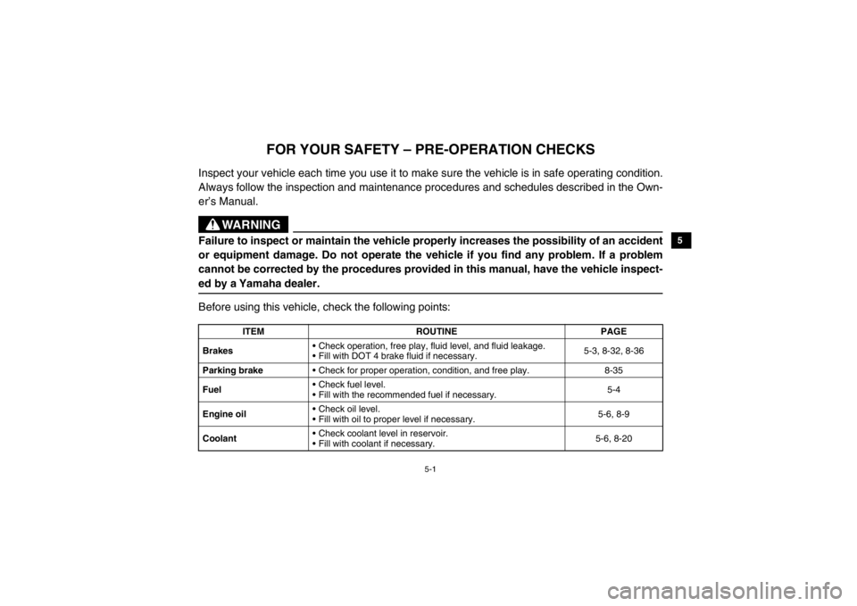 YAMAHA VIKING 2015 Repair Manual 5-1
1
2
3
45
6
7
8
9
10
11
12
13
14
EVU01200
1-FOR YOUR SAFETY – PRE-OPERATION CHECKS
Inspect your vehicle each time you use it to make sure the vehicle is in safe operating condition.
Always follow